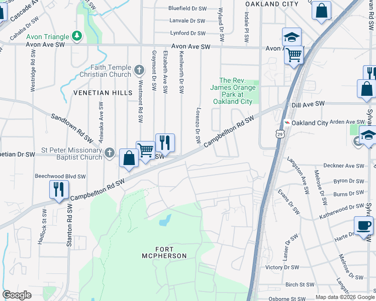 map of restaurants, bars, coffee shops, grocery stores, and more near 1437 Lorenzo Drive Southwest in Atlanta