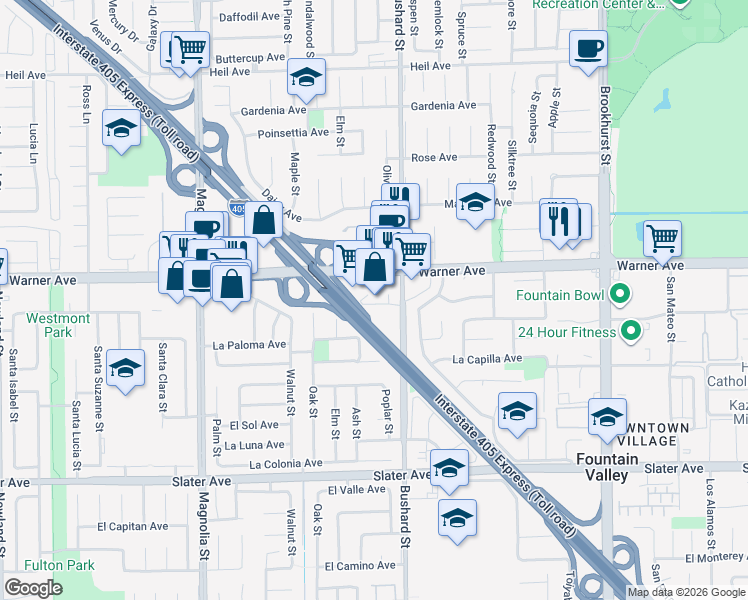map of restaurants, bars, coffee shops, grocery stores, and more near 9436 Warner Avenue in Fountain Valley