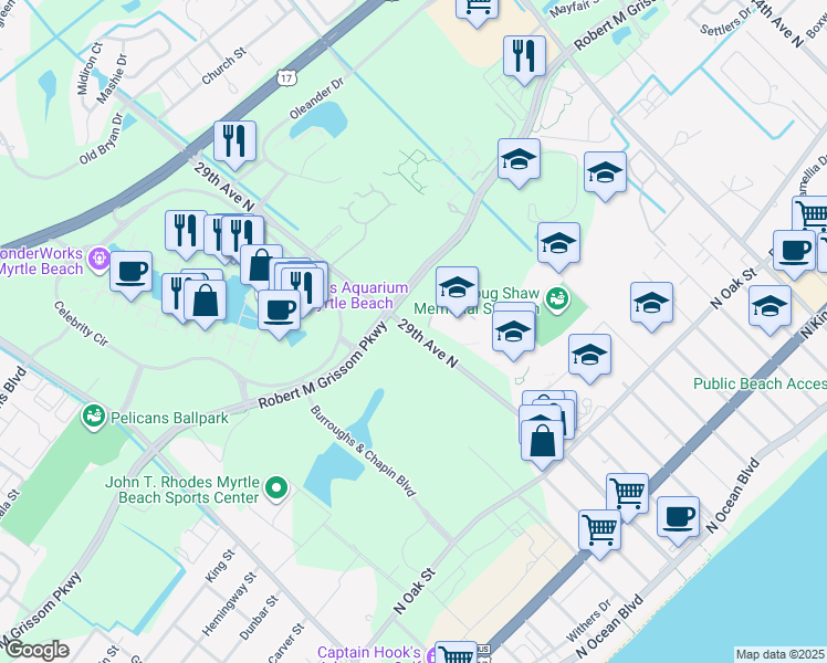map of restaurants, bars, coffee shops, grocery stores, and more near 612 29th Avenue North in Myrtle Beach