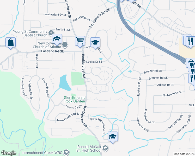 map of restaurants, bars, coffee shops, grocery stores, and more near 1438 Bouldercrest Road in Atlanta