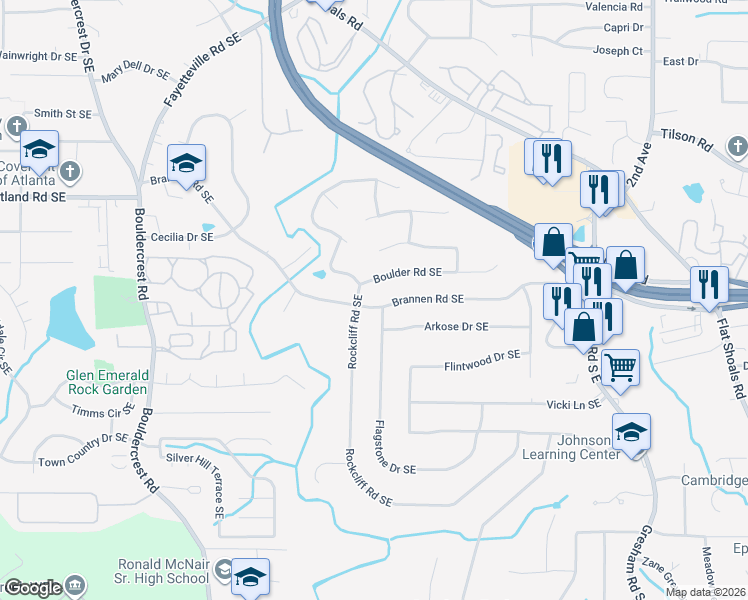 map of restaurants, bars, coffee shops, grocery stores, and more near 2311 Boulder Road Southeast in Atlanta