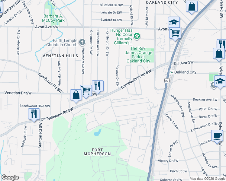 map of restaurants, bars, coffee shops, grocery stores, and more near 1437 Lorenzo Drive Southwest in Atlanta