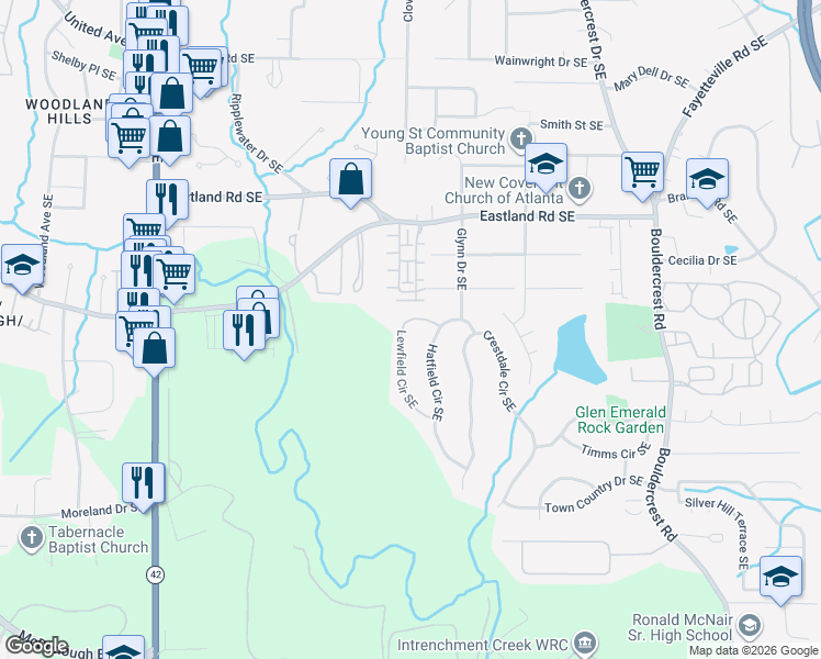 map of restaurants, bars, coffee shops, grocery stores, and more near 2514 Lewfield Circle Southeast in Atlanta