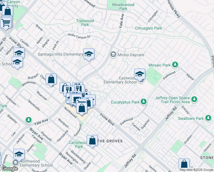 map of restaurants, bars, coffee shops, grocery stores, and more near 1 Prosa in Irvine