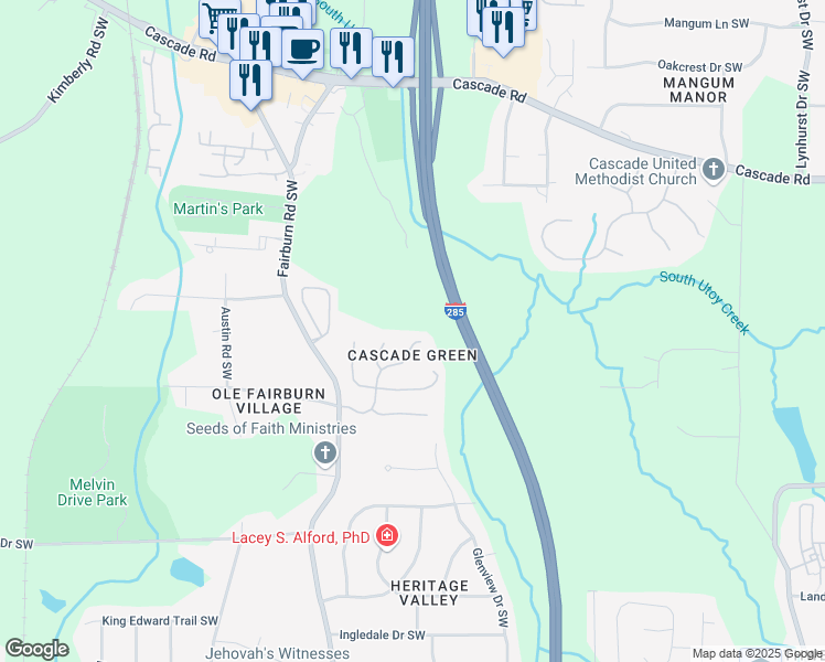 map of restaurants, bars, coffee shops, grocery stores, and more near 3709 Landau Lane Southwest in Atlanta