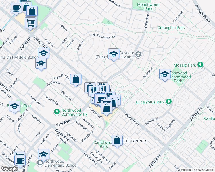 map of restaurants, bars, coffee shops, grocery stores, and more near 211 Lakepines in Irvine