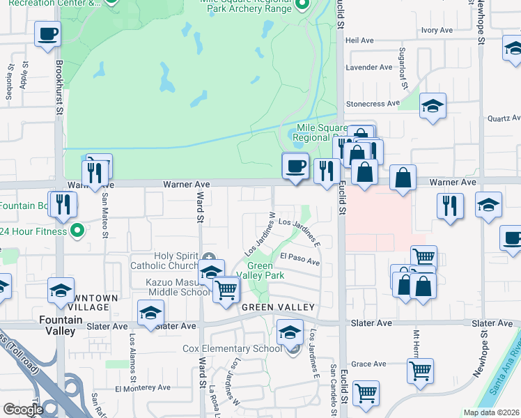 map of restaurants, bars, coffee shops, grocery stores, and more near 10712 Camino Real in Fountain Valley