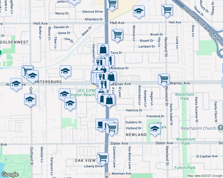 map of restaurants, bars, coffee shops, grocery stores, and more near 17001 A Lane in Huntington Beach
