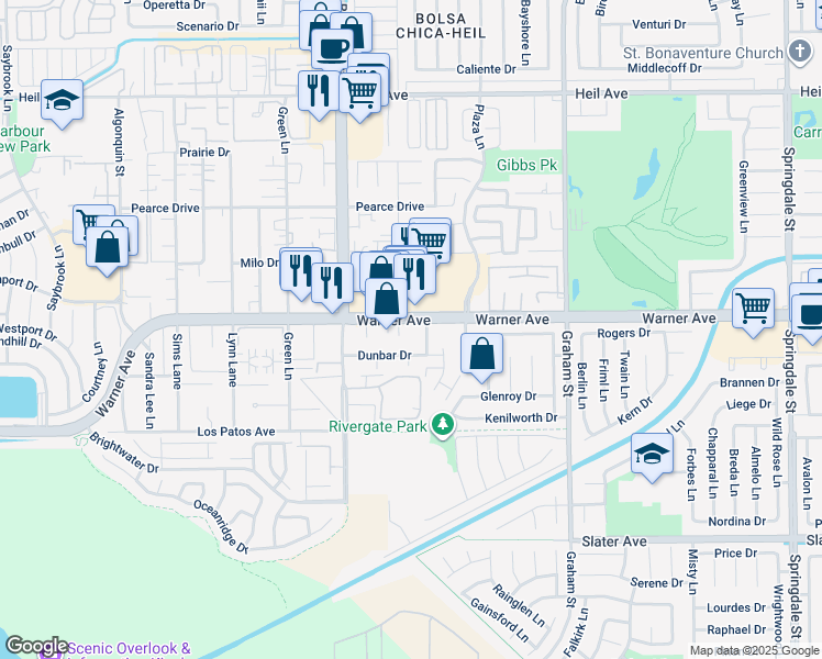 map of restaurants, bars, coffee shops, grocery stores, and more near 5095 Warner Avenue in Huntington Beach