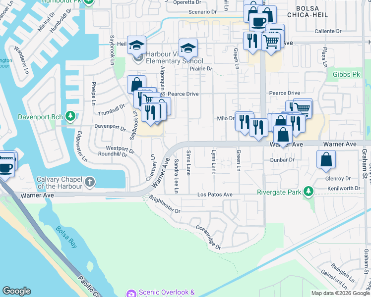 map of restaurants, bars, coffee shops, grocery stores, and more near 17011 Sims Lane in Huntington Beach