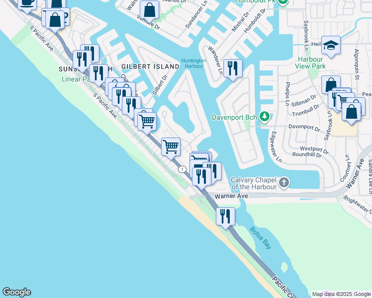map of restaurants, bars, coffee shops, grocery stores, and more near 16992 Marina Bay Drive in Huntington Beach