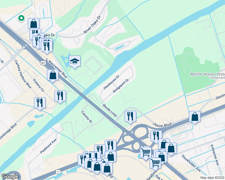 map of restaurants, bars, coffee shops, grocery stores, and more near 300 Pilothouse Drive in Myrtle Beach