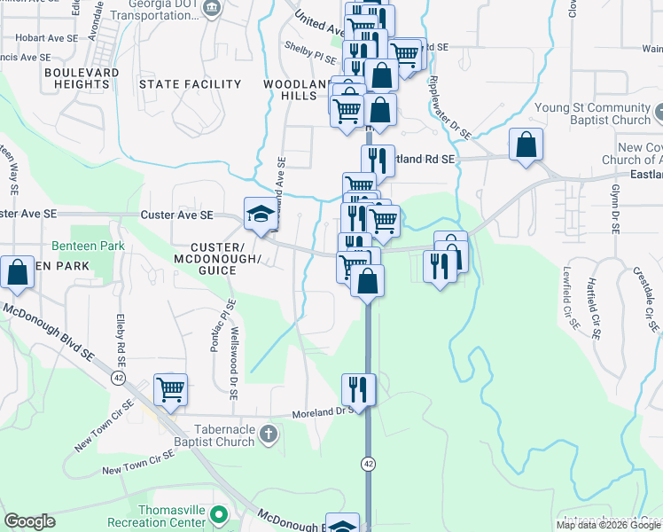 map of restaurants, bars, coffee shops, grocery stores, and more near 1406 Heights Park Drive in Atlanta