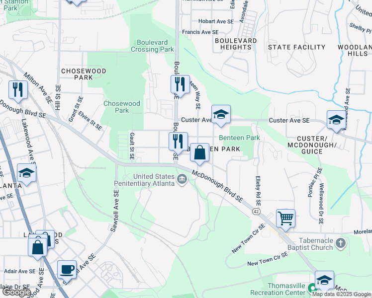 map of restaurants, bars, coffee shops, grocery stores, and more near 633 Cassanova Street Southeast in Atlanta