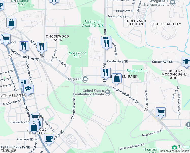 map of restaurants, bars, coffee shops, grocery stores, and more near 1439 Park Avenue Southeast in Atlanta