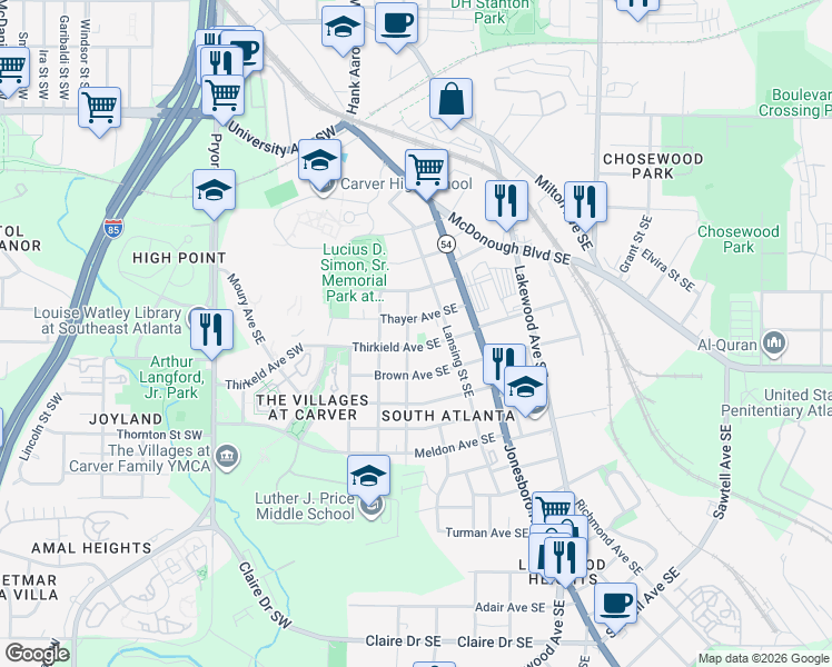 map of restaurants, bars, coffee shops, grocery stores, and more near 77 Thayer Avenue Southeast in Atlanta