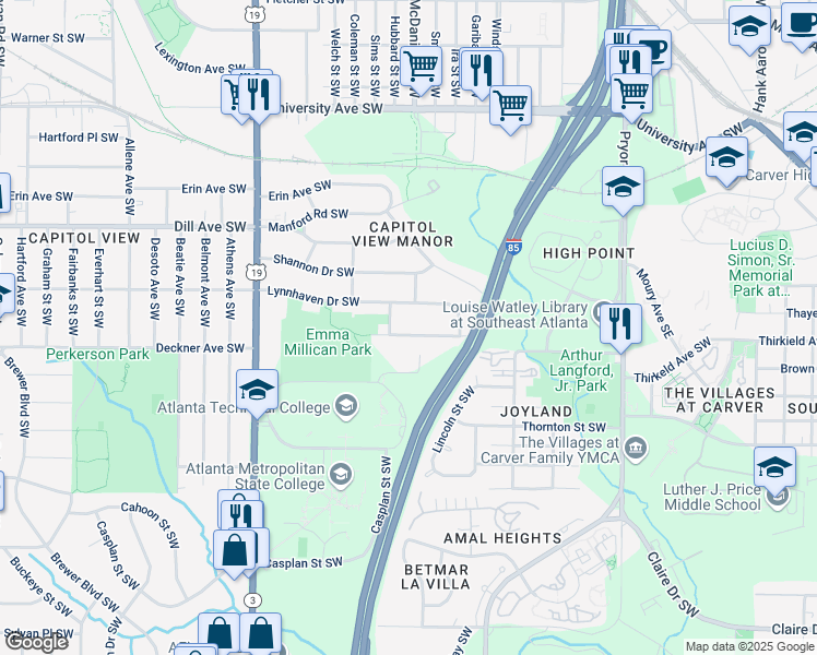 map of restaurants, bars, coffee shops, grocery stores, and more near 429 Deckner Avenue Southwest in Atlanta