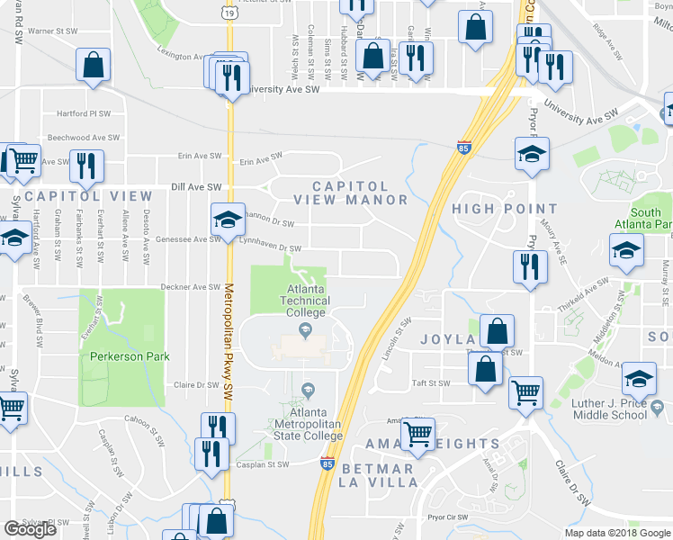 map of restaurants, bars, coffee shops, grocery stores, and more near 461 Deckner Avenue Southwest in Atlanta