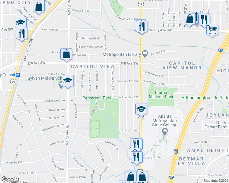 map of restaurants, bars, coffee shops, grocery stores, and more near 1439 Beatie Avenue Southwest in Atlanta