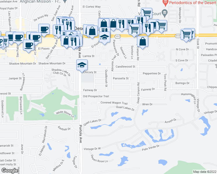 map of restaurants, bars, coffee shops, grocery stores, and more near 45900 Quailbrush Street in Palm Desert