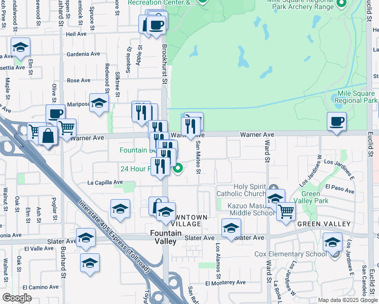 map of restaurants, bars, coffee shops, grocery stores, and more near 17077 San Mateo Street in Fountain Valley