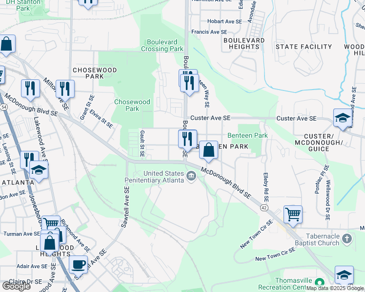 map of restaurants, bars, coffee shops, grocery stores, and more near 593 Federal Terrace Southeast in Atlanta