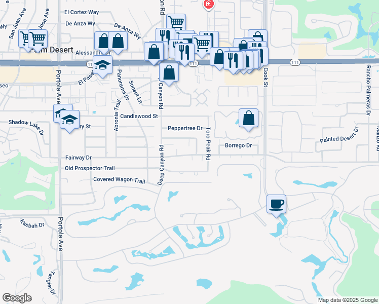 map of restaurants, bars, coffee shops, grocery stores, and more near 74638 Fairway Drive in Palm Desert