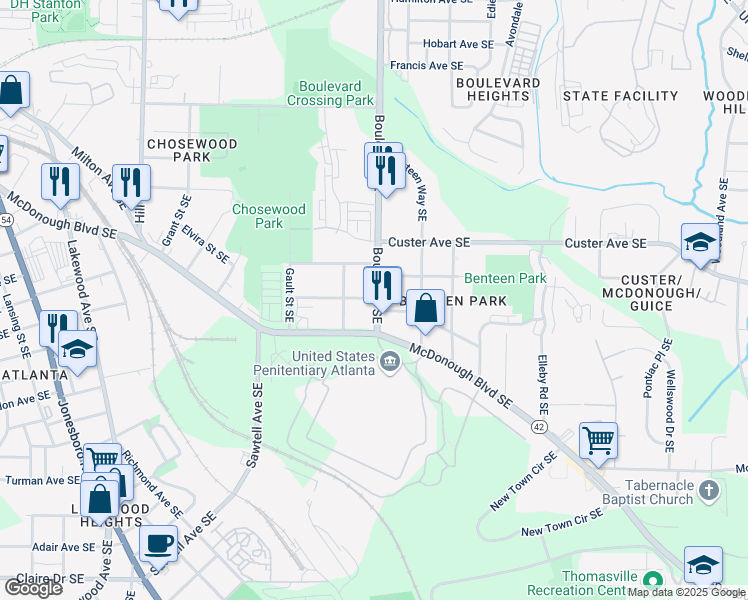 map of restaurants, bars, coffee shops, grocery stores, and more near 597 Federal Terrace Southeast in Atlanta