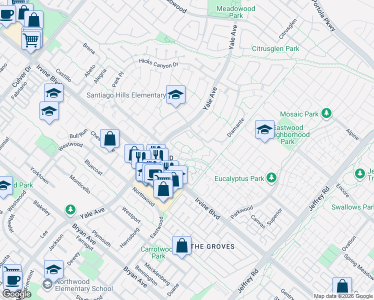 map of restaurants, bars, coffee shops, grocery stores, and more near 40 Lakepines in Irvine