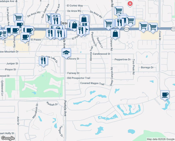 map of restaurants, bars, coffee shops, grocery stores, and more near 45900 Quailbrush Street in Palm Desert
