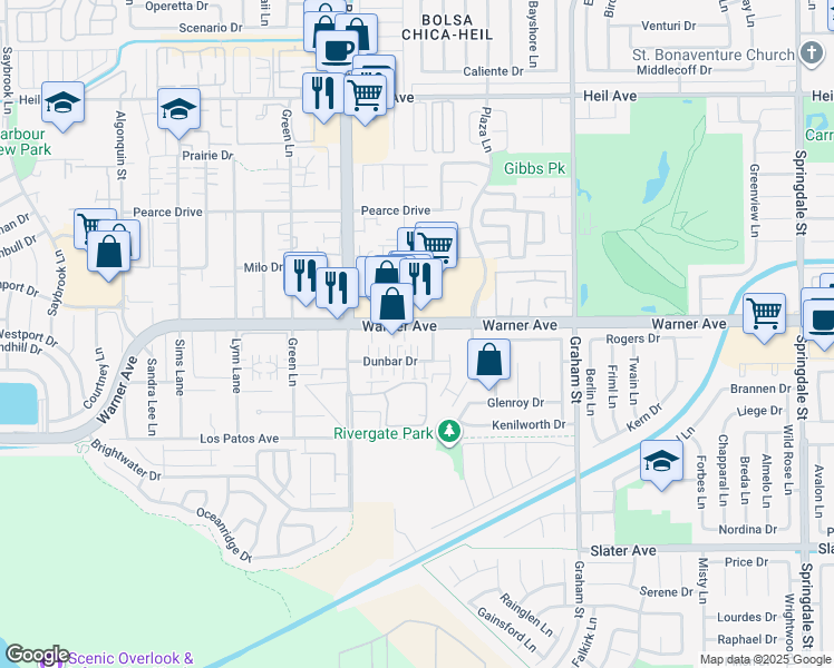 map of restaurants, bars, coffee shops, grocery stores, and more near 5142 Warner Avenue in Huntington Beach