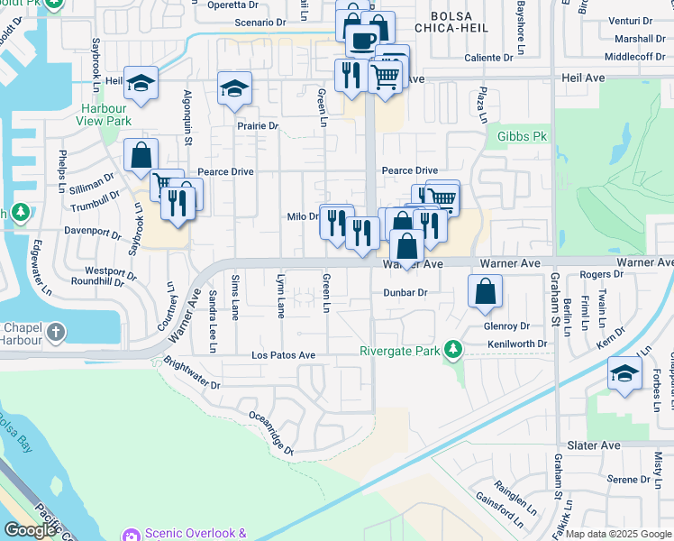 map of restaurants, bars, coffee shops, grocery stores, and more near 17052 Green Lane in Huntington Beach