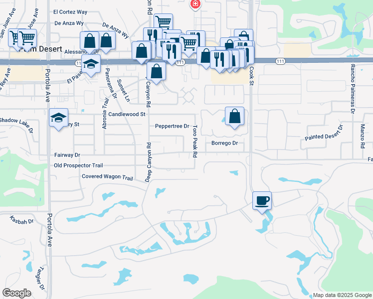 map of restaurants, bars, coffee shops, grocery stores, and more near 74744 Yucca Tree Drive in Palm Desert