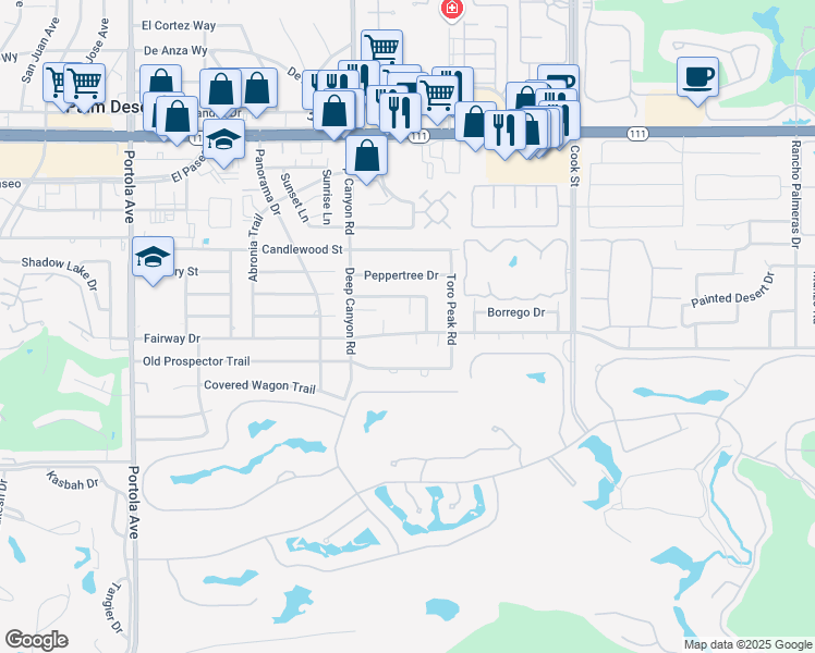 map of restaurants, bars, coffee shops, grocery stores, and more near 74638 Fairway Drive in Palm Desert