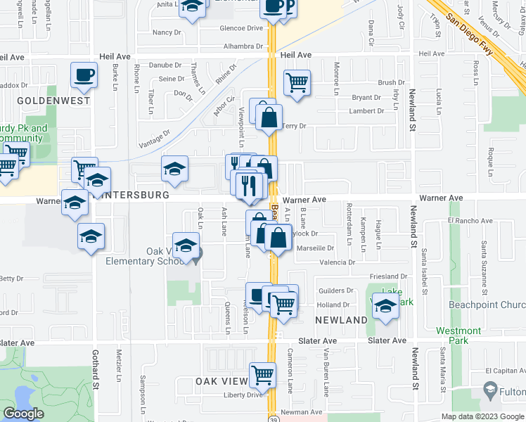 map of restaurants, bars, coffee shops, grocery stores, and more near 17011 Beach Boulevard in Huntington Beach