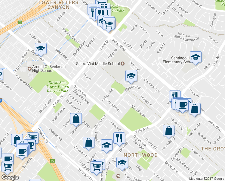 map of restaurants, bars, coffee shops, grocery stores, and more near 2 Mayflower in Irvine