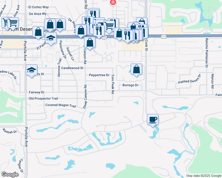 map of restaurants, bars, coffee shops, grocery stores, and more near 45901 Toro Peak Road in Palm Desert