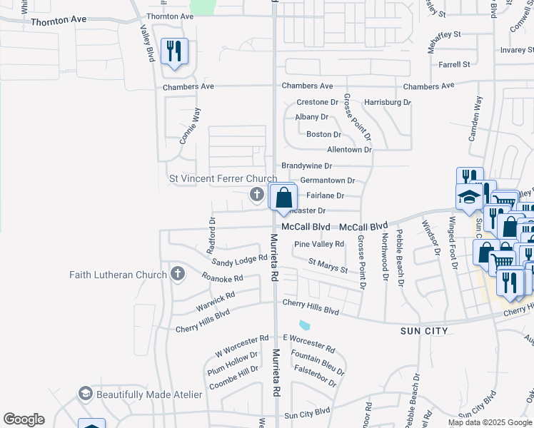 map of restaurants, bars, coffee shops, grocery stores, and more near 25961 Lancaster Drive in Menifee