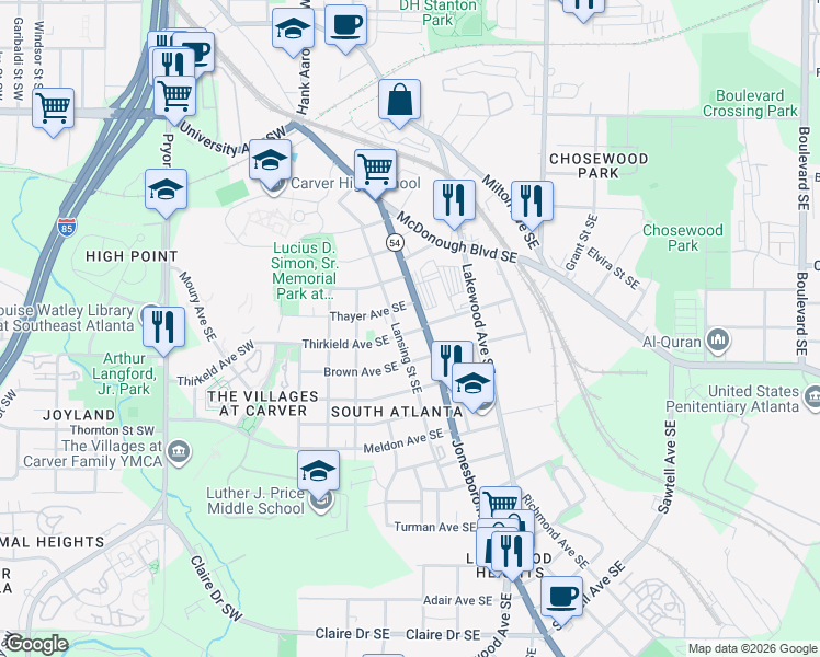 map of restaurants, bars, coffee shops, grocery stores, and more near 132 Thirkield Avenue Southeast in Atlanta