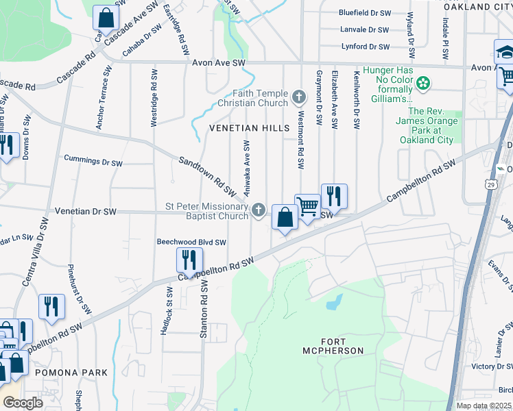 map of restaurants, bars, coffee shops, grocery stores, and more near 1605 Sandtown Road Southwest in Atlanta