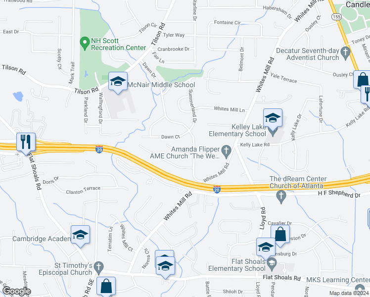 map of restaurants, bars, coffee shops, grocery stores, and more near 2406 Timber Ridge Court in Decatur
