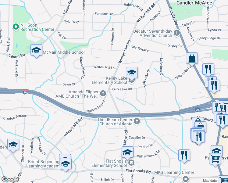map of restaurants, bars, coffee shops, grocery stores, and more near 2543 Kelly Lake Road in Decatur