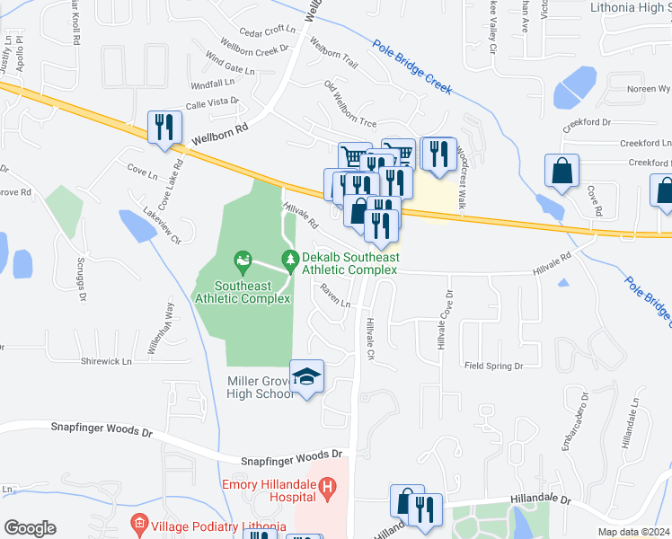 map of restaurants, bars, coffee shops, grocery stores, and more near 5886 Ravensway Drive in Lithonia