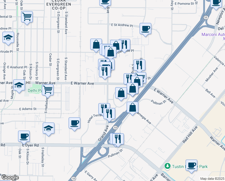 map of restaurants, bars, coffee shops, grocery stores, and more near in Santa Ana