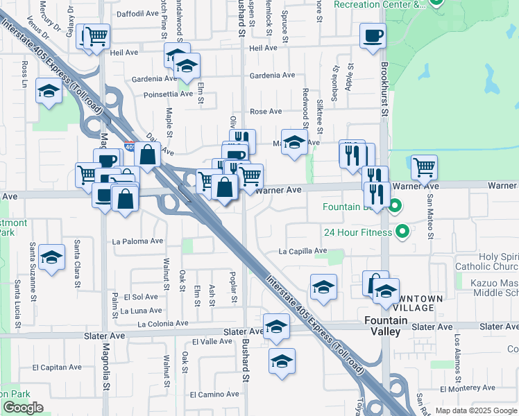 map of restaurants, bars, coffee shops, grocery stores, and more near 17051 Buttonwood Street in Fountain Valley