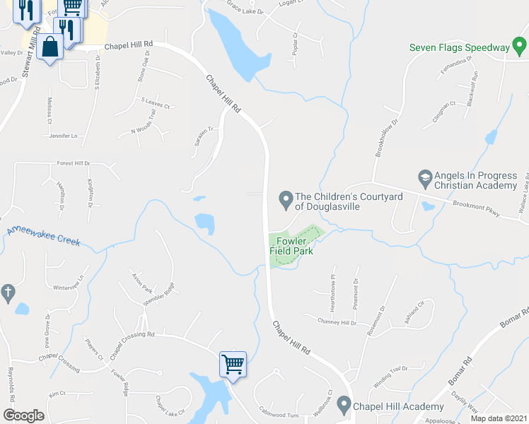 map of restaurants, bars, coffee shops, grocery stores, and more near Chapel Hill Road in Douglasville