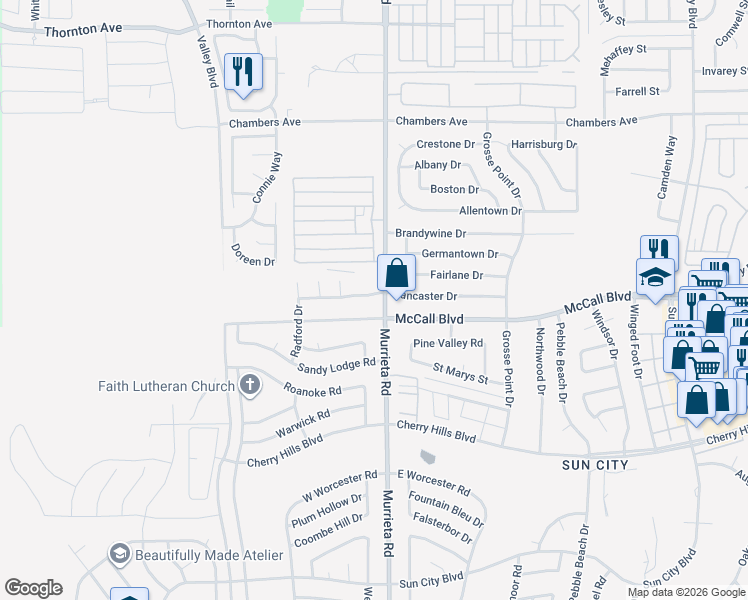 map of restaurants, bars, coffee shops, grocery stores, and more near 25961 Lancaster Drive in Menifee