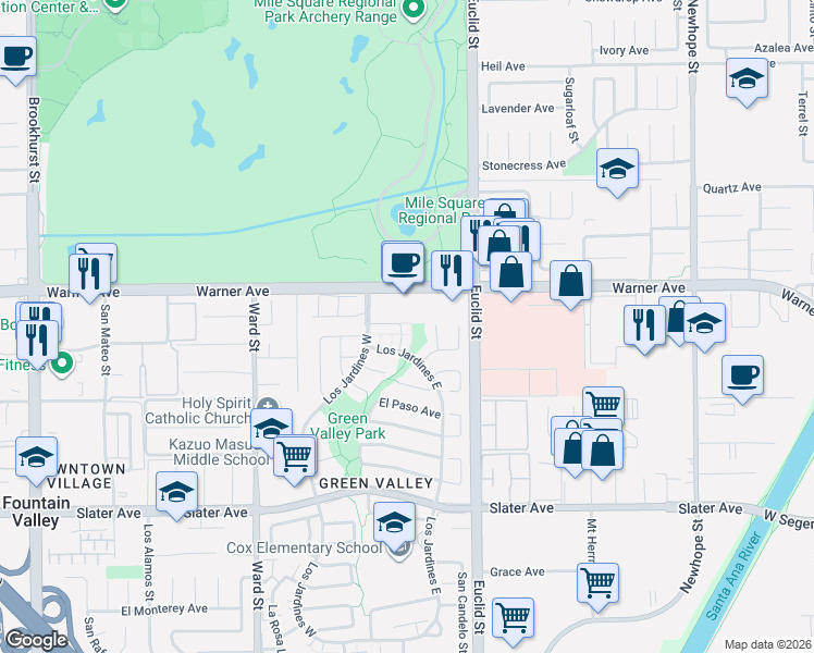 map of restaurants, bars, coffee shops, grocery stores, and more near 17070 Los Modelos Street in Fountain Valley