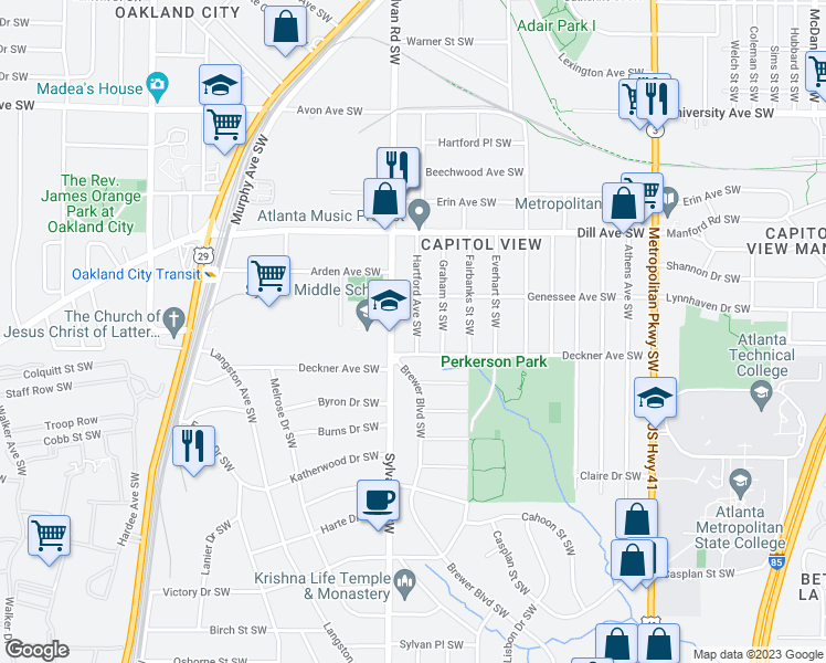 map of restaurants, bars, coffee shops, grocery stores, and more near 1459 Hartford Avenue Southwest in Atlanta