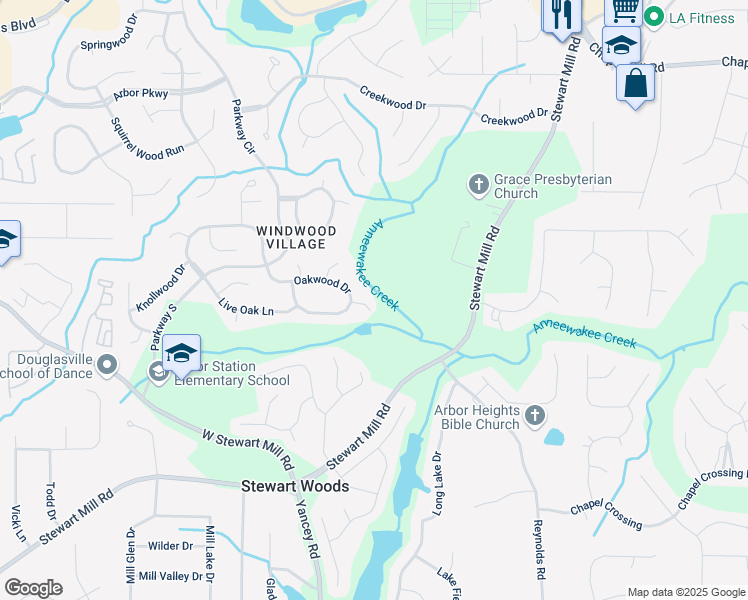 map of restaurants, bars, coffee shops, grocery stores, and more near 9916 Scarlet Oak Drive in Douglasville